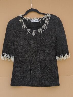 Stizzoli Glitter Evening Top Fringe Shoulder Pads 42 Black Italian Luxury Retro